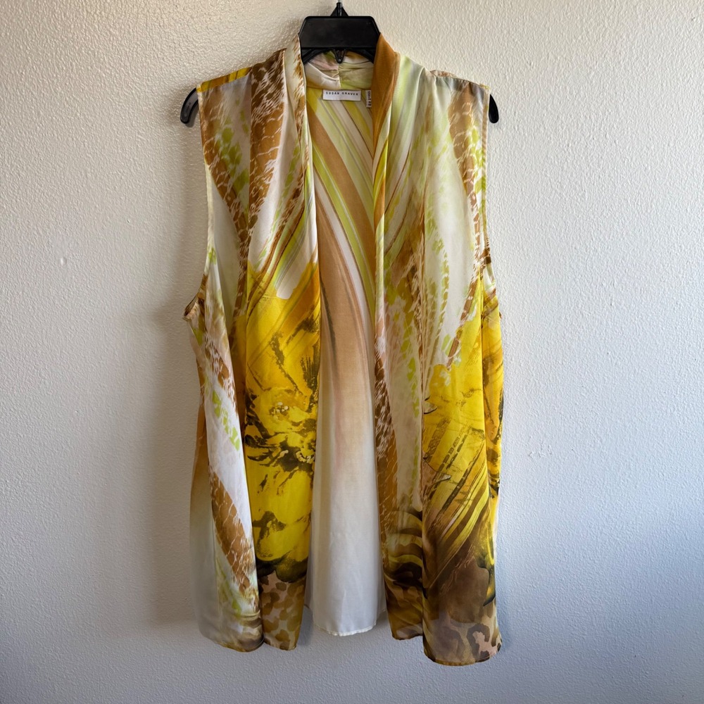 Susan Graver Size 2X Yellow White Floral Animal Print Kimono Cardigan Sheer Meah
